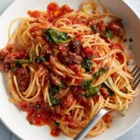 Spaghetti with Sausage · Marinara sauce with sliced sausage.