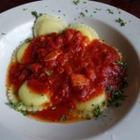 Cheese Ravioli · Ravioli stuffed ricotta in a tomato sauce.