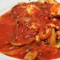 Pollo Cacciatora · Boneless chicken breast, mushrooms, onions, and peppers in pomodoro wine sauce. Served with ...