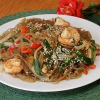 Korean Chap Chae Noodle · Stir-fried clear potato noodle with special sauce, sesame oil and choice of meat, tofu or sh...