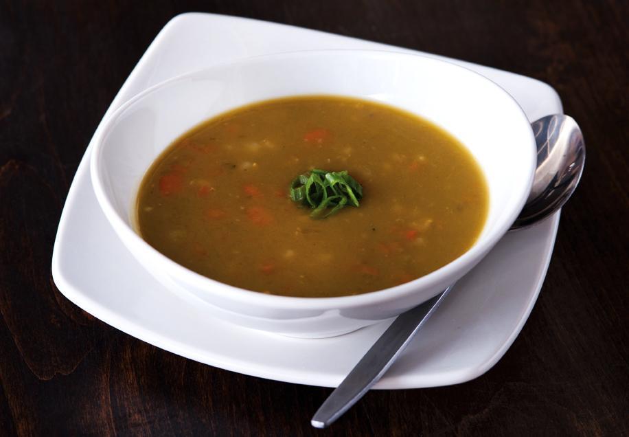Dakota Smashed Pea and Barley Soup · With barley, carrots, onions, savory herbs and scallions. Vegetarian.