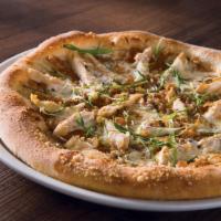 Roasted Garlic Chicken Pizza  · Sweet caramelized onions, fresh mozzarella, Parmesan, slivered scallions and cracked black p...