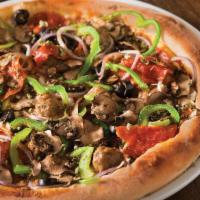 The Works Pizza · Spicy Italian sausage, rustic pepperoni, cremini mushrooms, mozzarella, red onions, green pe...