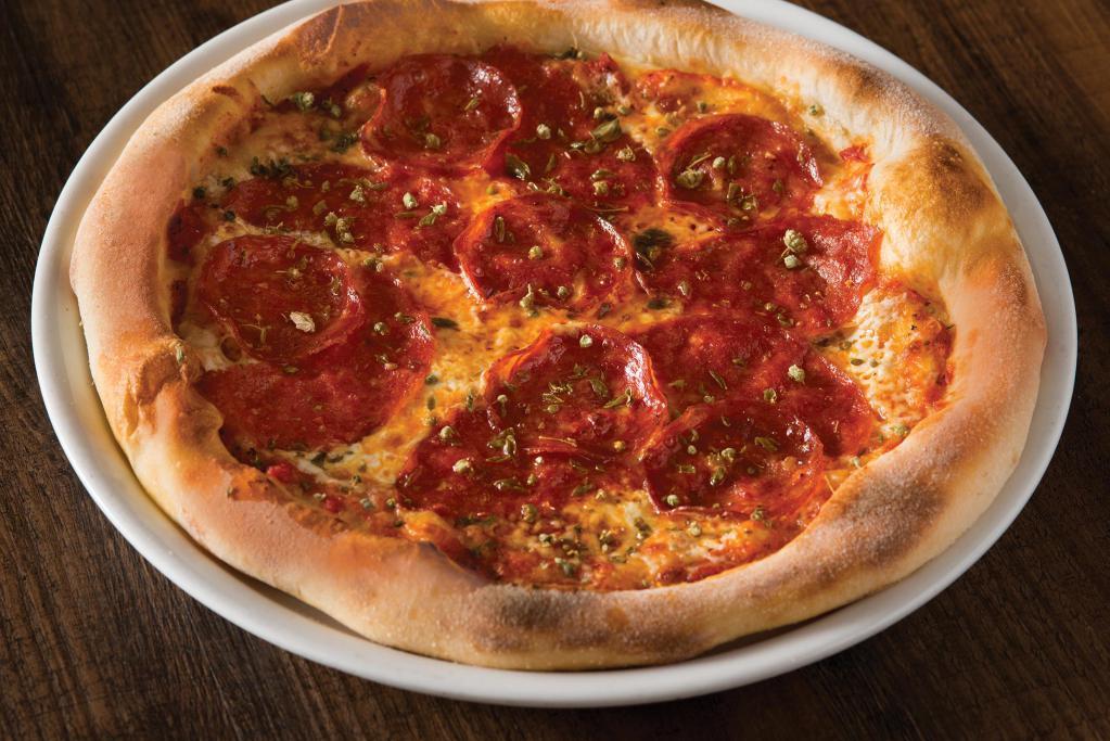 Pepperoni Pizza · Rustic and spicy pepperoni with fresh Mozzarella and wild Greek oregano.