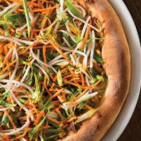 Thai Chicken Pizza · Thai peanut sauce and mozzarella, hearth-baked then topped with crisp bean sprouts, julienne...