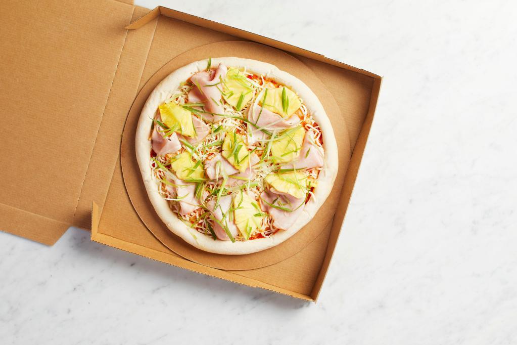 Take and Bake Hawaiian Pizza · READY TO BAKE - Fresh pineapple, Applewood smoked ham and slivered scallions.