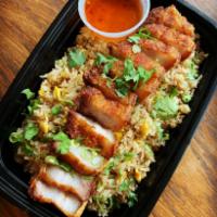 Crispy Pork Belly Fried Rice · Egg fried rice topped with crispy pork belly,scallion,cilantro served with homemade sweet & ...