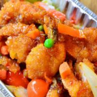 Chili Shrimp · Fried shrimp with onion, red and green pepper, green pea and carrot in chili sauce. Without ...