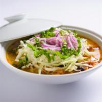 Vegetarian Samosa Soup · A delicious soup made with samosas, potatoes, onions, lentils, cabbage, falafel and jalapenos.