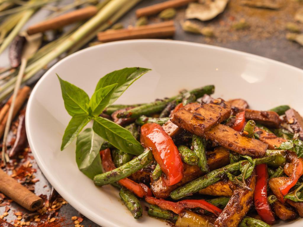 Fiery Tofu and Vegetables · Wok fried tofu, string beans, bell peppers and basil in a sweet and spicy sauce. Spicy.
