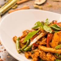 Fiery Chicken Tofu · Chicken breast wok fried with tofu, string beans, bell peppers and basil in a sweet and spic...
