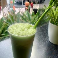 Green Goddess Smoothie · 16 oz. green apple, kale, celery, cucumber, pineapple, ginger and a hint of stevia.