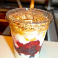 Verry Berry Yogurt Parfait · Non fat yogurt, strawberries, blueberries, raspberries and a hint of honey topped with grano...