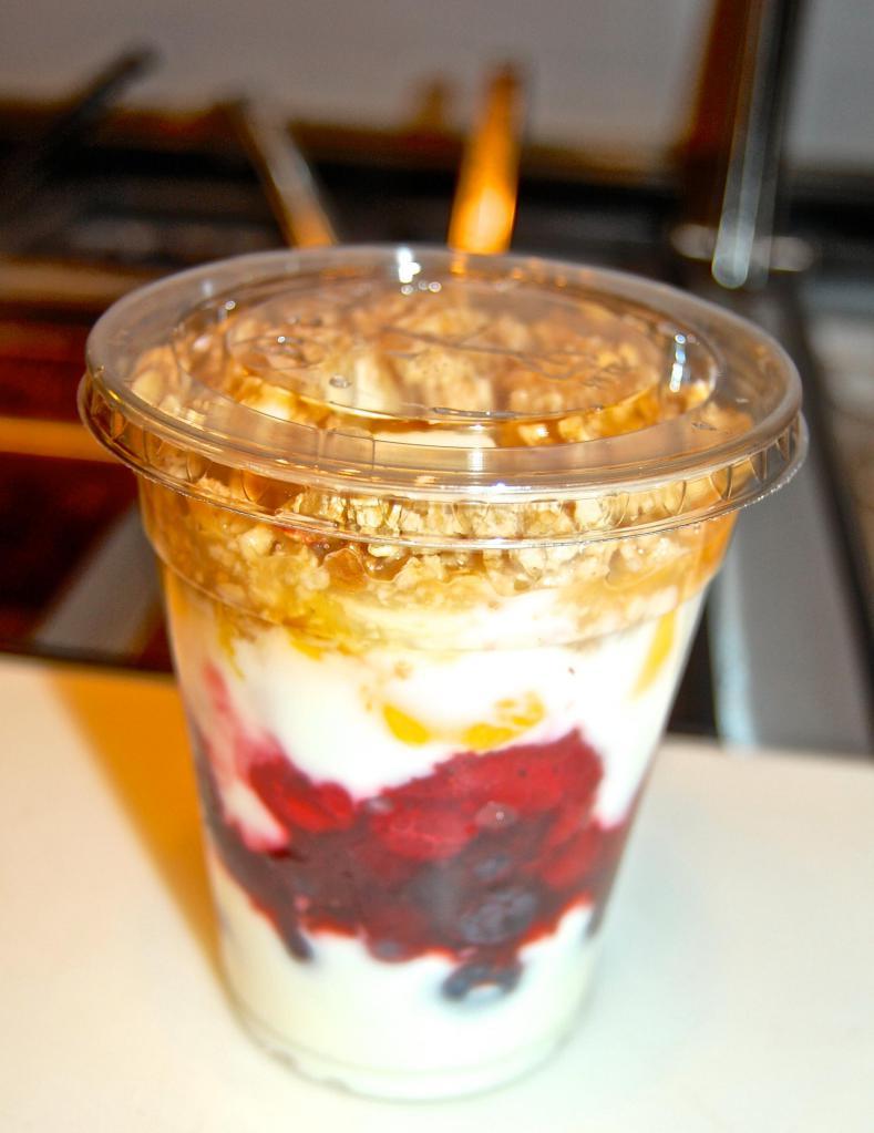 Verry Berry Yogurt Parfait · Non fat yogurt, strawberries, blueberries, raspberries and a hint of honey topped with granola. 