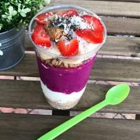 Dragon Superfoods Cup · Greek yogurt, amaranth, pitaya, peanut butter, granola, fruit and honey.