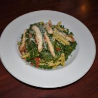 Chicken Pesto Pasta Salad · Grilled chicken, Roma tomatoes, fresh kale and penne pasta, tossed with Russo’s pesto sauce.