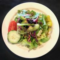 House Salad · Romaine lettuce, bell peppers, cucumbers, Roma tomatoes, red onions, red cabbage, black oliv...