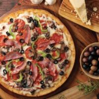 New York Village Pizza · Crumbled Italian sausage, pepperoni, Canadian bacon, beef, mushrooms, black olives, roasted ...