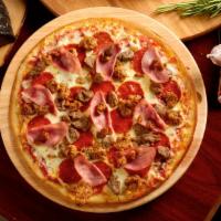 Mulberry Pizza · Crumbled Italian sausage, pepperoni, Canadian bacon, beef and Wisconsin mozzarella, with Rus...