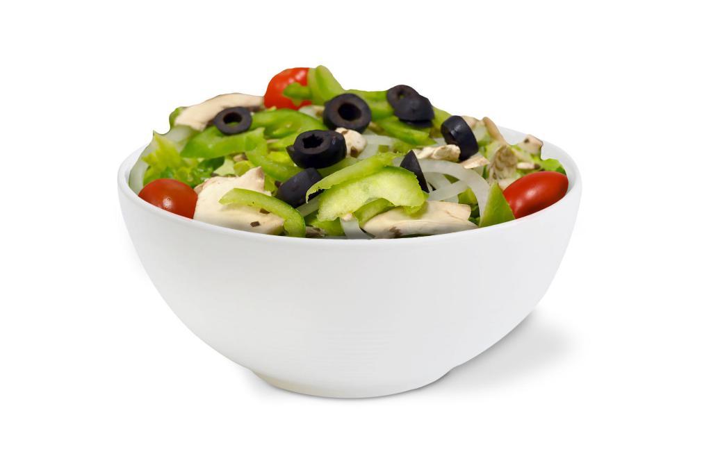 Garden Salad · Fresh Romaine Lettuce, Mushrooms, Onions, Green Pepper, Black Olives & Tomato