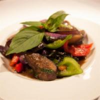 Spicy Eggplants · This dish combines Chinese eggplant with basil, garlic, black bean sauce, and bell peppers. ...