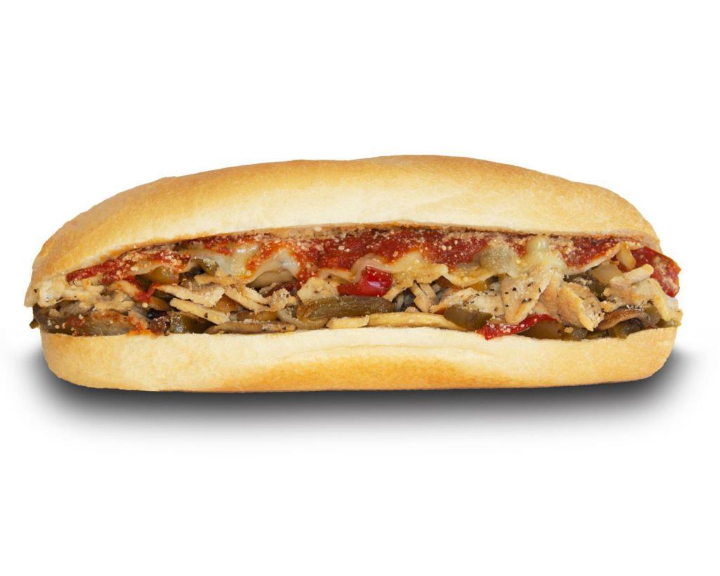Grilled Chicken Parm · Premium chicken grilled with onions, sweet peppers, mushrooms and provolone cheese, topped with marinara sauce and Romano cheese.