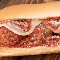 Homemade Meatball Hot Sub · Meatballs hand rolled topped with marinara sauce, provolone and Romano cheese.