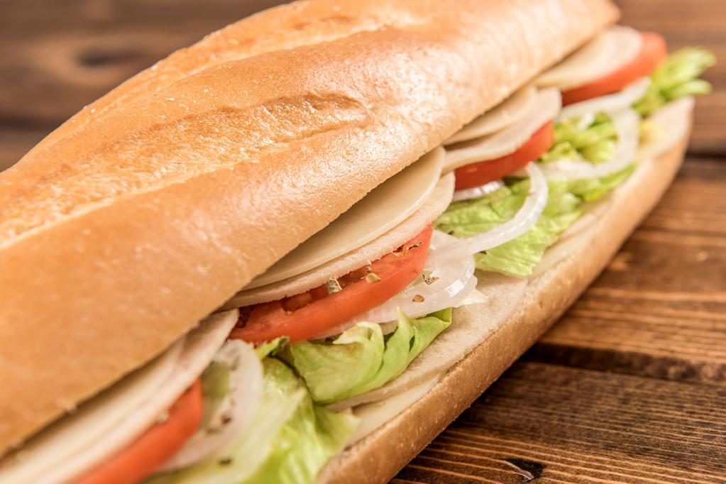 Vegetarian Turkey Sub · Gobble up this vegetarian favorite made with sliced vegetarian turkey, provolone cheese, lettuce, tomato, onion, and mayo.