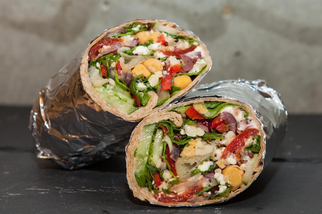 Mighty Aphrodite Wrap · Orzo, organic tri-color quinoa, cucumbers, red bell peppers, teardrop tomatoes, Kalamata olives, chickpeas, red onions, feta cheese, romaine and baby spinach; fresh lemon oregano dressing.