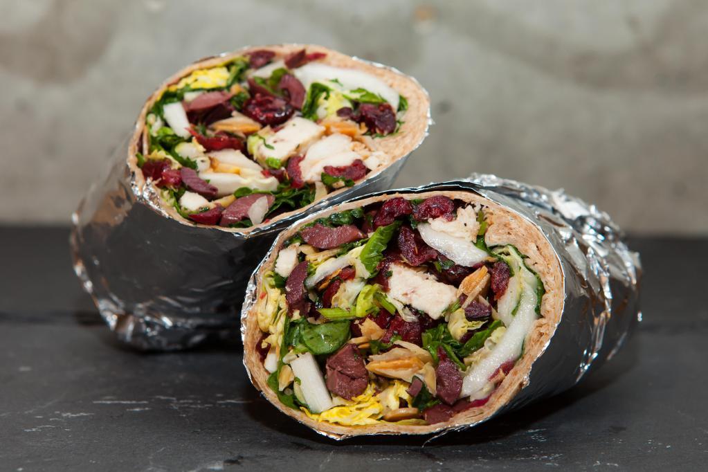 Sienna Wrap · All natural grilled chicken, radicchio, Kalamata olives, Italian parsley, toasted almonds, dried cranberries, Napa cabbage and baby kale; lemon creole mustard vinaigrette.