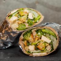 Sprout Chicken Caesar Wrap · All natural grilled chicken, romaine lettuce, handmade sourdough croutons and shaved Parmesa...