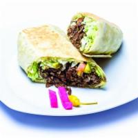 Beef Shawarma Sandwich · With tahini sauce. Served with lettuce, tomato, pickles, sauce and choice of French roll, pi...