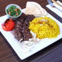 Beef Kufta Kabob Plate · Grilled USDA choice beef ground with onions, parsley and spices. Served with basmati rice, p...