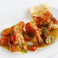 Gamberoni · Grilled jumbo prawns, tomato, garlic and turmeric.