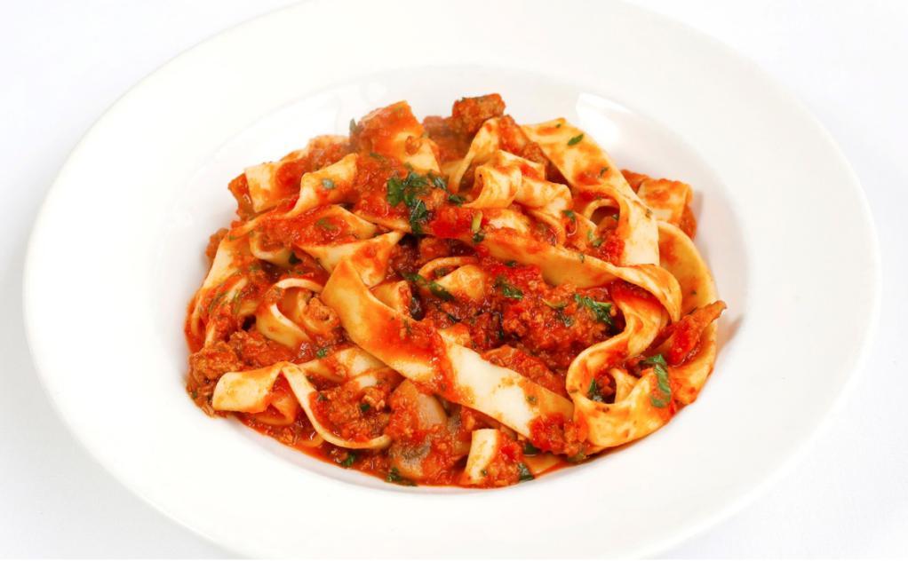 Pappardelle alla Bolognese · Ribbon pasta, mushrooms, tomato, ground pork, veal and beef sauce.