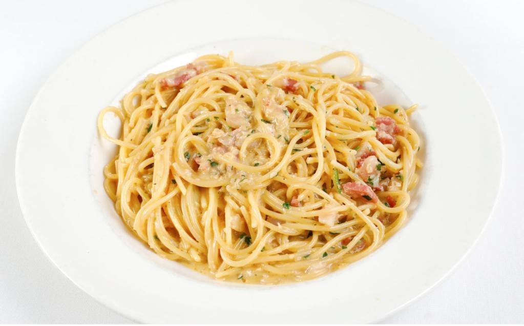 Spaghetti alla Carbonara · Pancetta, cream, egg yolk and garlic.