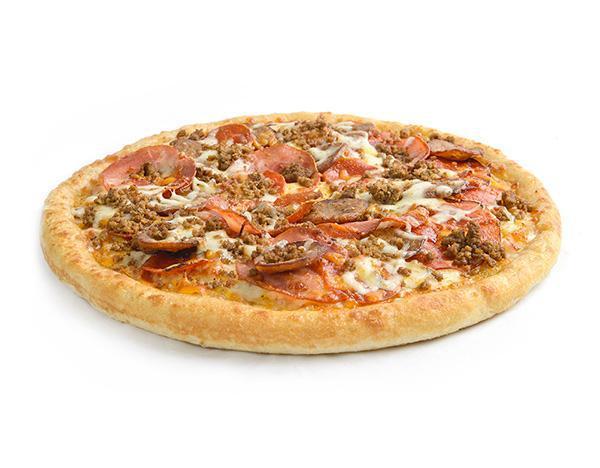 New York Deli Pizza · Pepperoni, salami, spicy Italian sausage, Canadian bacon, ham, lean ground beef, and mozzarella cheese. 