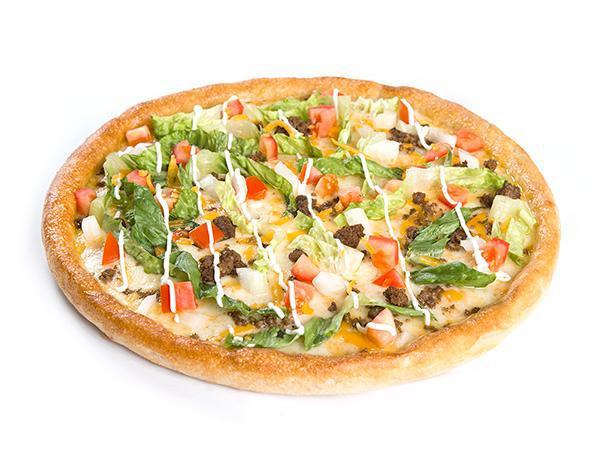 Super Taco Pizza  · Lean ground beef, sauteed onions and our signature gourmet cheese blend on a layer of chunky salsa and homemade pizza sauce. Topped with crisp romaine lettuce, vine-ripened tomatoes, fresh cheddar cheese and chilled sour cream.