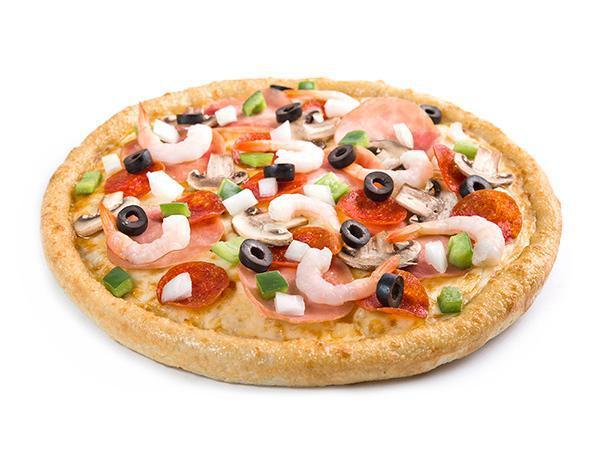 House Special Pizza · Lean Canadian bacon, freshly sliced pepperoni and mushrooms, fresh onions and green peppers, black olives, juicy baby shrimp and our signature gourmet cheese blend.