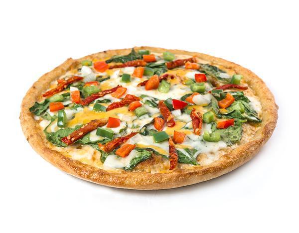 Pesto Veggie Pizza · Homemade garlic pesto sauce and loaded with sun-dried
tomatoes, tender red and green peppers, fresh spinach
leaves, onions, freshly chopped garlic, melty cheddar and our
signature gourmet cheese blend.