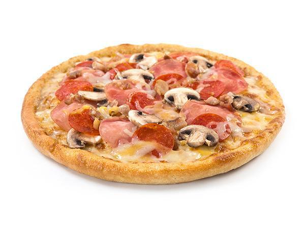 Canadian Classic Pizza · Canadian bacon, smoked bacon, pepperoni, mushrooms and gourmet cheese blend. Served with your choice of dipping sauce.