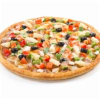 Vegetarian Pizza · Layer of homemade pizza sauce and loaded with fresh
onions and green peppers, ripe tomatoes...