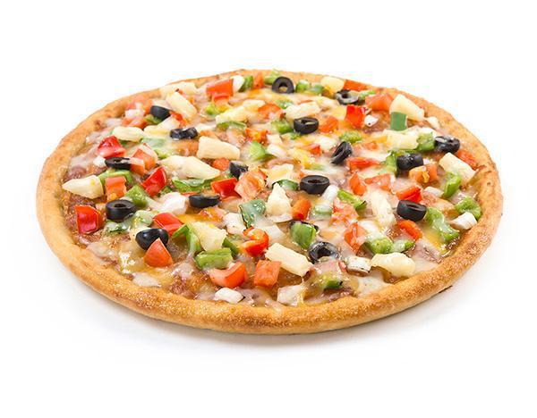 Vegetarian Pizza · Sarpino's traditional pan pizza baked to perfection, topped with a layer of homemade pizza sauce and loaded with sauteed onions and green peppers, ripe tomatoes, sliced mushrooms, black olives, pineapple and our signature cheese blend.