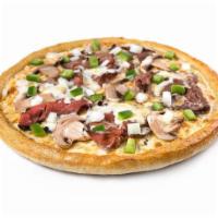 Sarpino's Steak Pizza · Tender slices of steak, onions, green peppers, and mushrooms with Sarpino's gourmet cheese b...