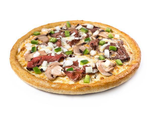 Sarpino's Steak Pizza · Sarpino's traditional pan pizza baked to perfection, topped with a layer of homemade pizza sauce and loaded with tender sliced steak, sauteed onions and green peppers, fresh mushrooms and our signature gourmet cheese blend.