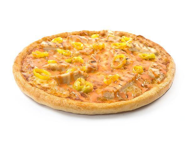Buffalo Ranch Chicken Pizza · Ranch and Buffalo style hot sauce base, grilled chicken strips, Parmesan cheese, banana peppers and gourmet cheese blend.  