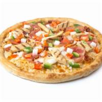 Ranch Style Chicken Pizza · Grilled chicken strips, Canadian and smoked bacon, fresh tomatoes, green peppers and onions,...