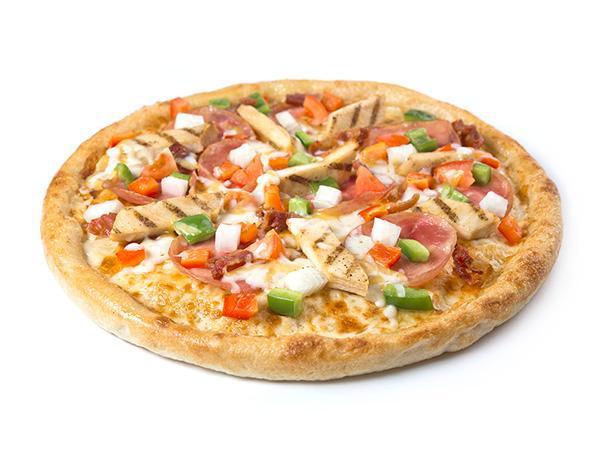 Ranch Style Chicken Pizza · Creamy Ranch, tender grilled chicken strips, Canadian and smoked bacon, ripe tomatoes, fresh green peppers and onions, our signature gourmet cheese blend and sharp Parmesan cheese.