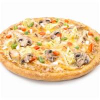 BBQ Chicken Bonanza Pizza · Grilled chicken strips, button mushrooms, red and green peppers, onions, garlic, artichoke h...