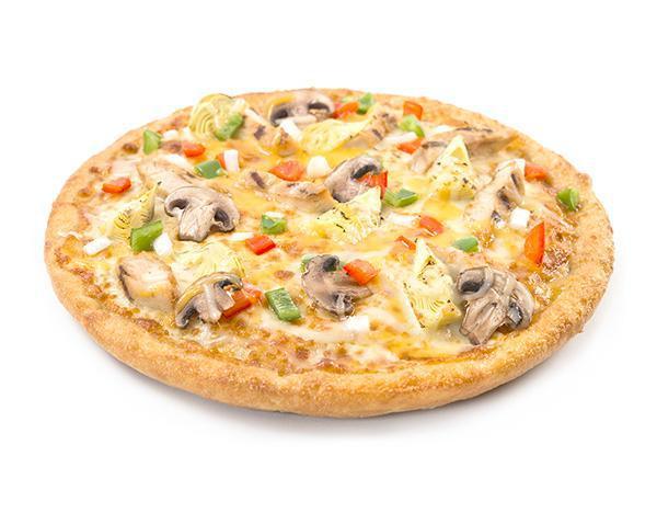 BBQ Chicken Bonanza Pizza · BBQ chicken strips, button mushrooms, red and green peppers, onions, roasted garlic, artichoke hearts, and Sarpino's gourmet cheese blend on a base of BBQ sauce.